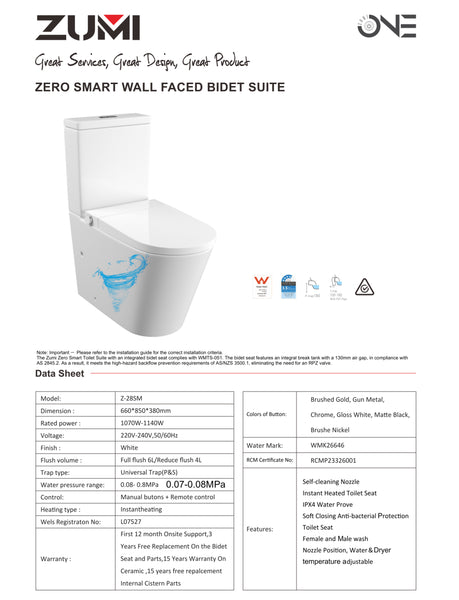 ZUMI ZERO RIMLESS WHIRLPOOL SMART BIDET TOILET SUITE