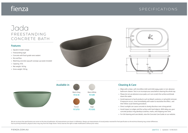 FIENZA JADA CONCRETE BATH 1700MM - TUSCAN