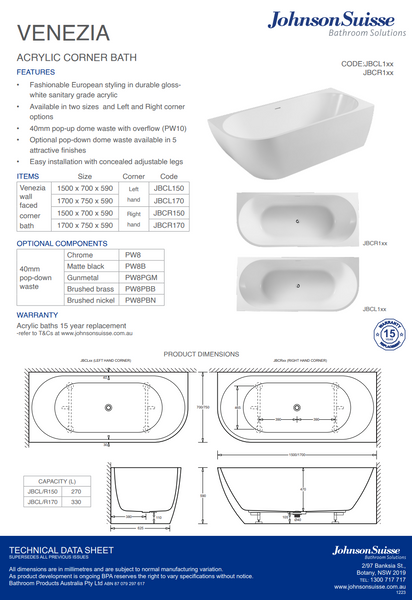 JS VENEZIA RIGHT CORNER BATH - GLOSS WHITE