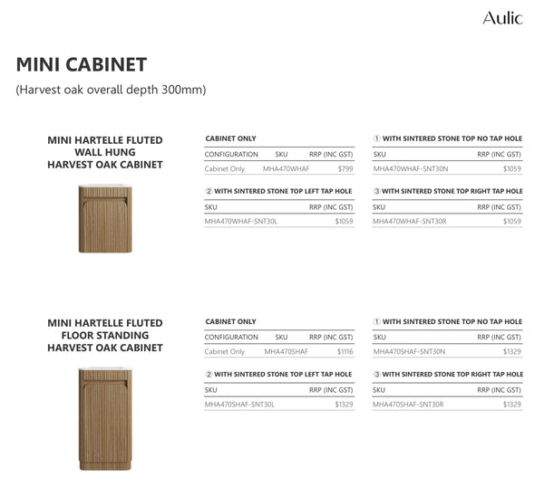 AULIC MINI HARTELLE FLUTED VANITY - HARVEST OAK WITH MOULDED TOP