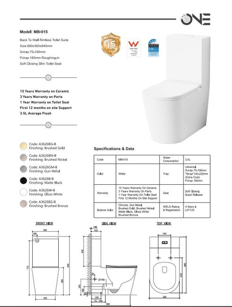 ZUMI MEZIO BACK TO WALL RIMLESS TOILET SUITE
