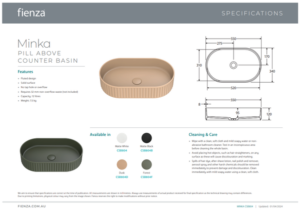 FIENZA MINKA OVAL SOLID SURFACE ABOVE COUNTER BASIN