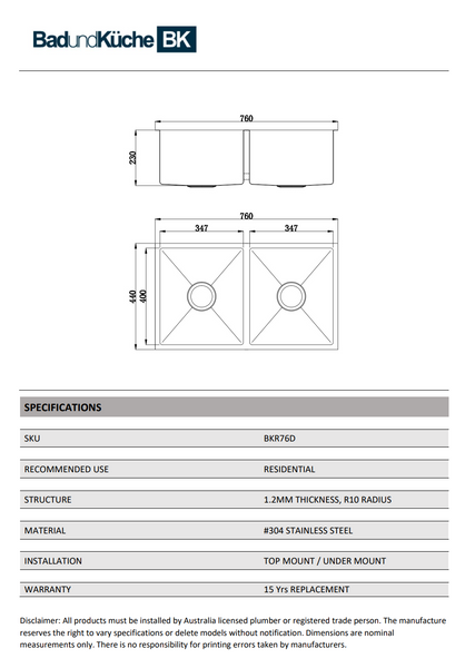 BUK DOUBLE SINK S/STEEL 760 x 440 x 230 BKR76-D