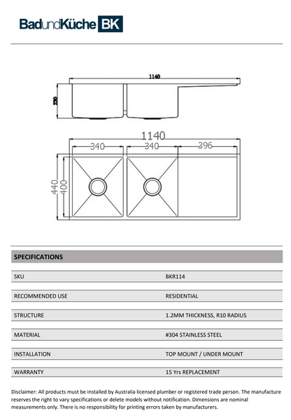 BUK DOUBLE SINK S/STEEL WITH DRAINER 1140 X 440 X 230 BKR114