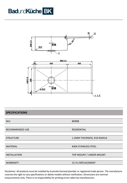 BUK SINGLE SINK S/STEEL WITH DRAINER 980 X 440 X 230 BKR98