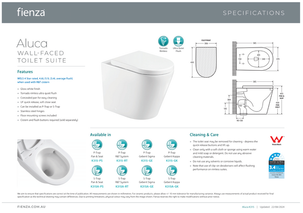 FIENZA ALUCA TORNADO FLUSH WALL FACED TOILET PAN & SEAT