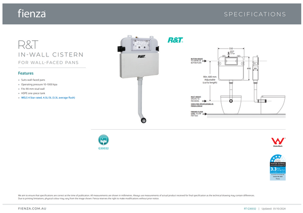 R&T IN-WALL CISTERN FOR WALL FACED PAN