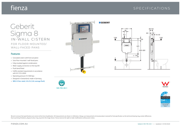 GEBERIT SIGMA 8 IN-WALL CISTERN FOR WALL FACED PAN
