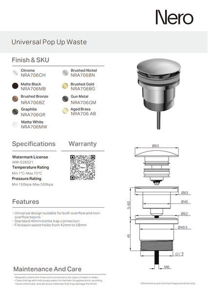 NERO UNIVERSAL POP UP BASIN WASTE
