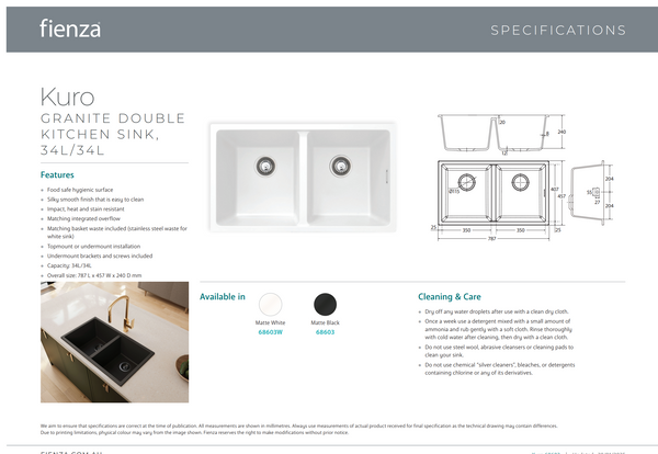 FIENZA KURO GRANITE DOUBLE BOWL SINK - MATTE BLACK