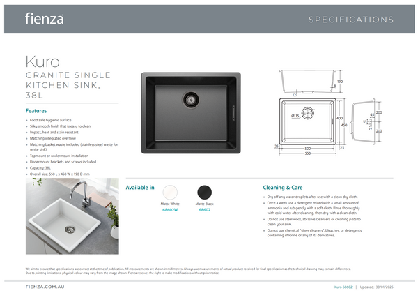 FIENZA KURO GRANITE SINGLE BOWL SINK - MATTE WHITE