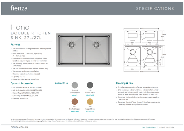 FIENZA HANA DOUBLE BOWL SINK - BRUSHED COPPER