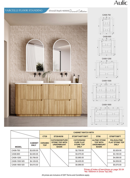 AULIC VARCELLI FLOOR STANDING VANITY - HARVEST OAK WITH PURE STONE TOP