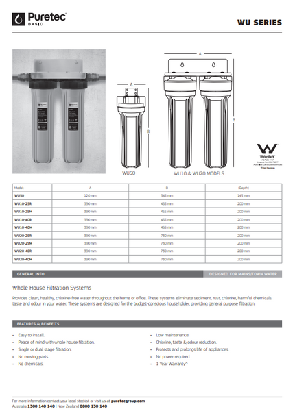 PURETEC WU20-40 WATER FILER - WHOLE HOUSE BUDGET FRIENDLY