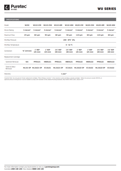 PURETEC WU20-40 WATER FILER - WHOLE HOUSE BUDGET FRIENDLY
