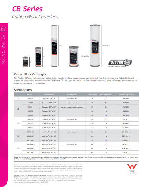 PURETEC CB951 CARTRIDGE - TASTE, ODOUR, CHLORINE, CYST, SEDIMENT REMOVAL