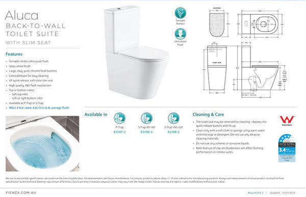 FIENZA ALUCA TORNADO FLUSH BACK TO WALL RIMLESS TOILET SUITE